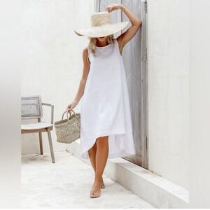 NWT Magic Linen Royal Toscana 100% Linen White Hi-Low Dress Pockets Womens Large